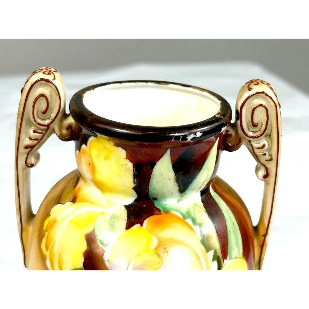Antique Nippon Hand Painted Vase Morimura M in Wreath Two Handled Iris Floral